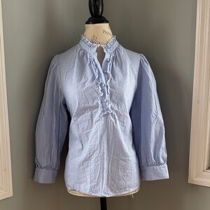 Pomander Place Tervis blue and white micro striped ruffled pop over blouse EUC M